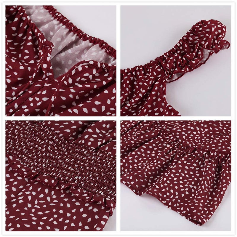 YOBECHO Womens Summer Ruffle Sleeve Sweetheart Neckline Printing Dress Mini Dresses Wine Red - Image 4